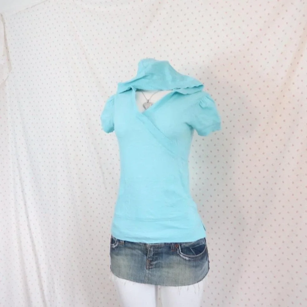 Old Navy Blue Wrap Hoodie Top Y2K Short Sleeve - Picture 2 of 5